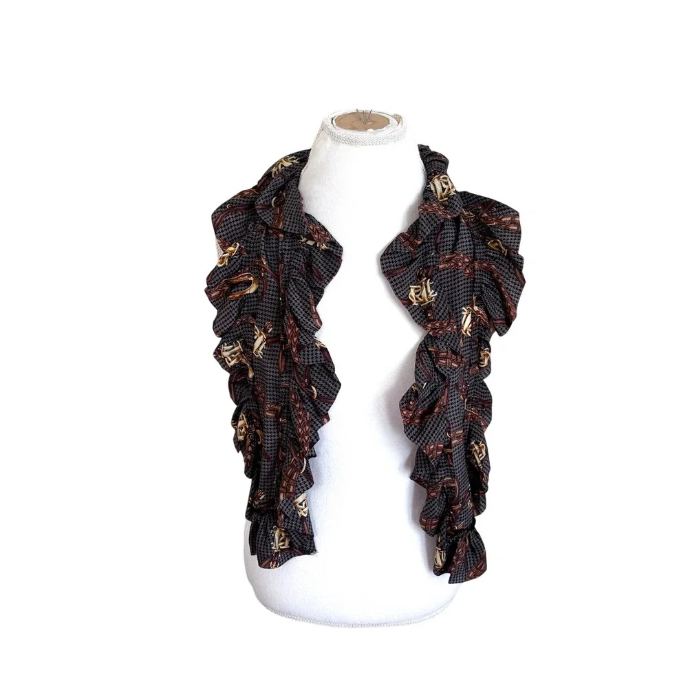 Lauren Ralph Lauren Silk Bridal Equestrian Ruffle Scarf Houndstooth Heritage